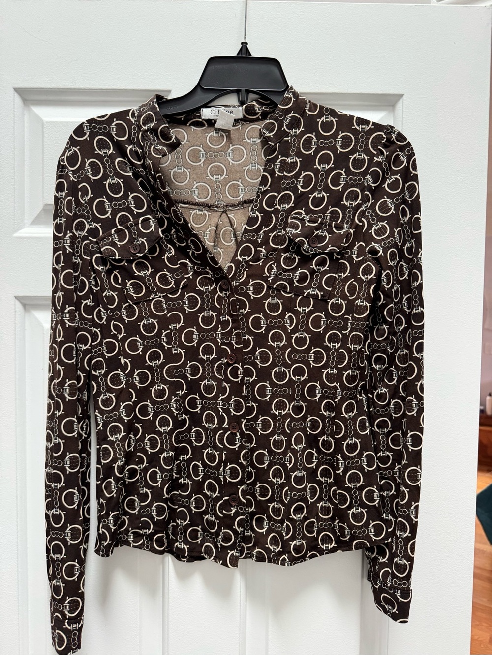 City Chic Brown and Cream Ring-Print Long-Sleeve Blouse